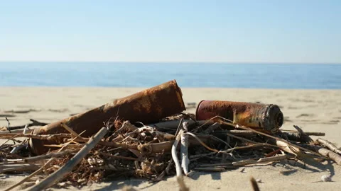 Old rusted spray cans discarded on sea coast ecosystem,nature pollution Stock Footage 168911048