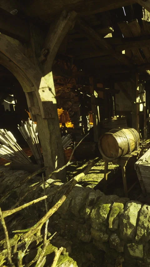 Old rustic barn filled with forgotten treasures and warm sunlight beams Stock Footage 331834757