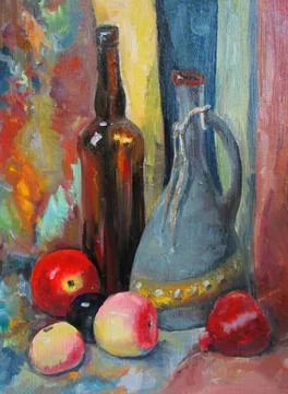 Old rustic bottles and apples, oil painting Stock Illustration