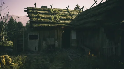 Old rustic cabin in a serene forest during twilight with moss covered roof Stock Footage 339802270
