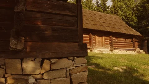 Old rustic countryside cabins with walls made of wooden planks. Stock Footage 130141349