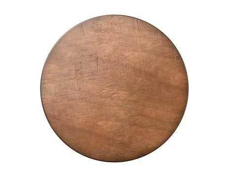 Old rustic empty round wooden cutting or chopping board isolated on white b.. Illustrazione stock