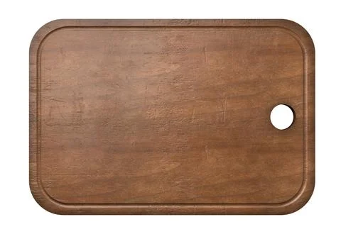 Old rustic empty wooden cutting or chopping board with groove and hole isol.. Illustrazione stock