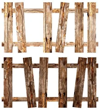 Old rustic fence on  white background isolated. Rough wooden textured planks. Stock Illustration