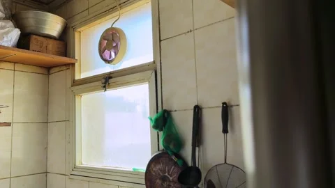 Old Rustic Kitchen Window Vintage Fan Worn Tiles Stock Footage 332633556