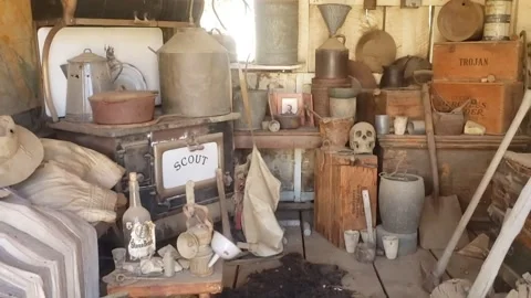 Old Rustic Miner Cabin at Silver City Ghost Town with Vintage Antiques Video stock 244747701
