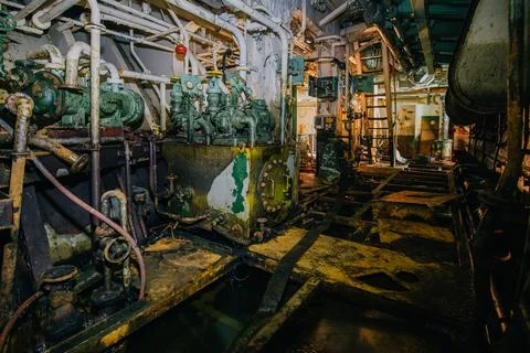 Old rusty abandoned ship engine room 스톡 사진