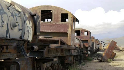 Old Rusty Abandoned Train At A Scrap Metal Dump Train Cemetery (Uyuni, Bolivia) Stock Footage 171378376