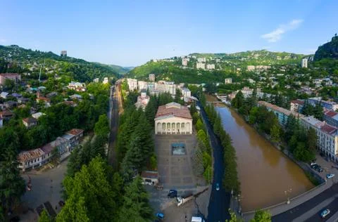 Old rusty and functioning ropeway or cable car cabins in Chiatura. Mine at Stock Photos
