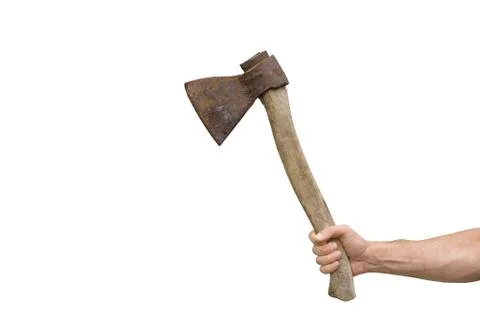 Old rusty ax in a man's hand. Isolate 스톡 사진