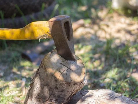 An old rusty axe stuck in an old log was chopping wood. Stock Photos