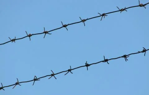 Old rusty barbed wire on a blue sky Stock Photos