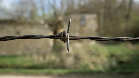 Old rusty barbed wire fence. Close up, handheld shot Stock Footage 193681329