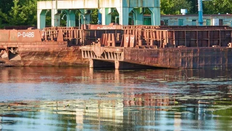Old rusty barges on river in summer. Stock Footage 208653104