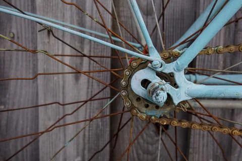 An old rusty bicycle. Bicycle chains and sprockets that are no longer usable  Stock Photos