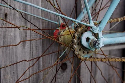 An old rusty bicycle. Bicycle chains and sprockets that are no longer usable  Stock Photos