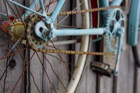 An old rusty bicycle. Bicycle chains and sprockets that are no longer usable  Stock Photos