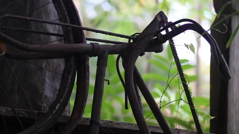 Old rusty bicycle hanging vertically among plants, wheel and rudder close up Stock Footage