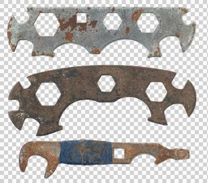 Old rusty bicycle universal wrenches. set spanners isolated on a transparent Stock Photos