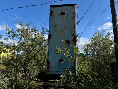 Old rusty blue electrical box on a utility pole in the woods Stock Photos