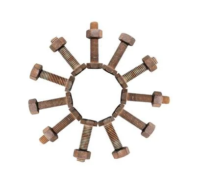 Old rusty bolt and nut over isolated on white background Foto stock