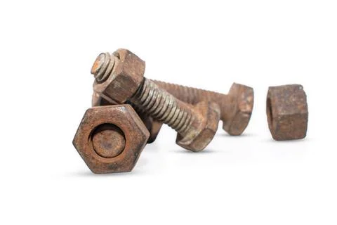 Old rusty bolt and nut over isolated on white background Stock-Fotos