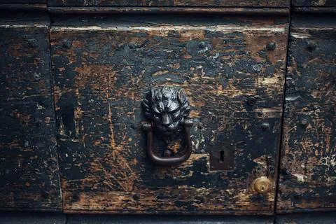 Old, rusty box with cracked texture and an antique handle with a lion head Photos