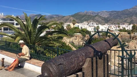 Old rusty cannon at Balcon de Europa, Nerja, Spain Stock Footage 140521022
