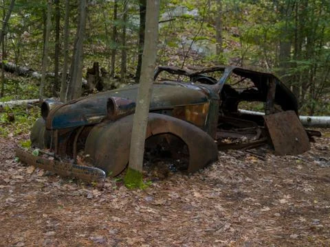 Old rusty car in forest in Canada. Stock Photos