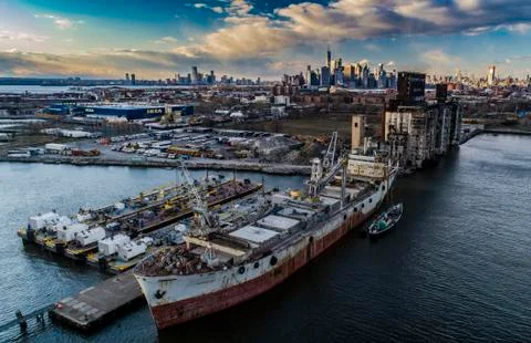 Old Rusty Cargoship Docked in Red Hook, Brooklyn (2018) Stock Photos