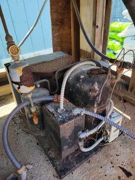 Old rusty condensing unit for a walk in freezer 스톡 사진