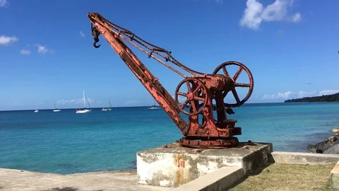 Old rusty crane in port of St. Croix, U.S. Virgin Islands Stock Footage 119151077