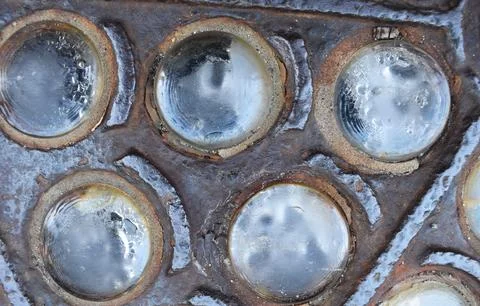 Old rusty dirty metal surface with round glass inserts background Stock Photos