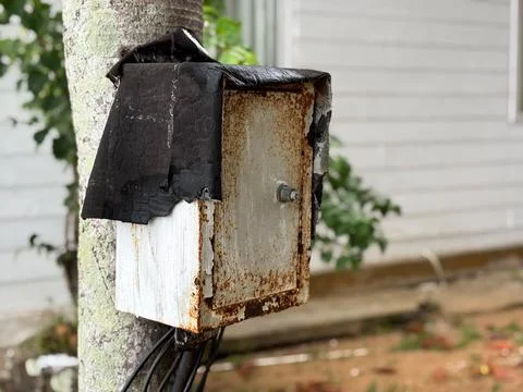Old Rusty Electrical Box Mounted on a Tree Trunk with Weathered Cover Stock Photos