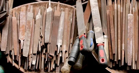 Old rusty filing tools (files) with rough textures on a scrap metal storage. Stock Footage 323256207