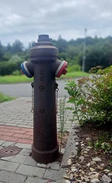 Old rusty fire hydrant with weathered paint beside a sidewalk. Stock Photos