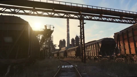 Old rusty freight train wagons at metallurgical factory in sunlight Video stock 145031113
