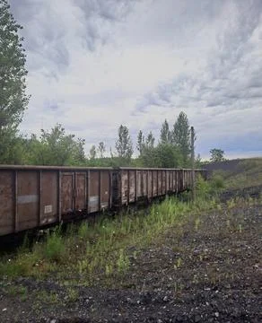 Old rusty freight wagons on an overgrown railway in an industrial landscape. Stock Photos