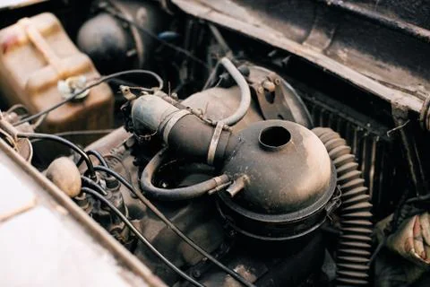Old rusty gasoline engine in old car Stock Photos