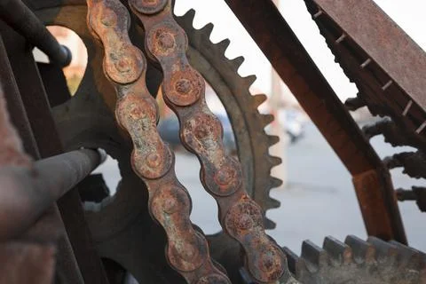 Old rusty gear close up view . Vintage mechanism covered with rusty Foto stock