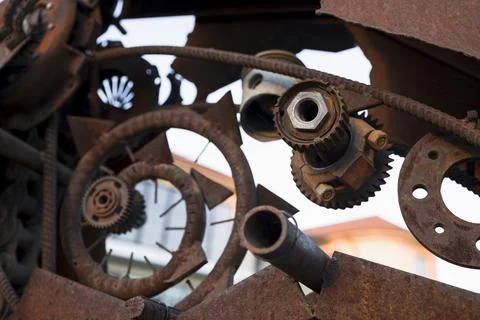 Old rusty gear close up view . Vintage mechanism covered with rusty . Gear .. Stock Photos