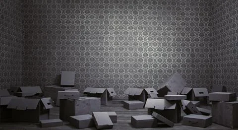 Old rusty interior with many empty cardboard boxes Stock Illustration