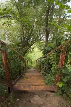 Old rusty iron bridge over the river in the summer in the village Stock Photos