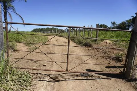 Old Rusty Iron Gate Opening to a Dirt Road in Rural South American Landscape Stock Photos