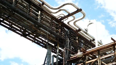 Old rusty nuclear power plant factory with steam pipes and nuclear fallout ash Stock Footage 130792950