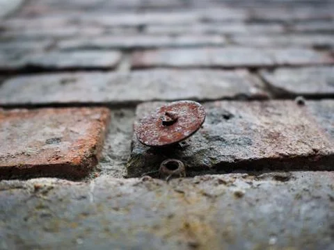 Old rusty nut on the brick wall Stock Photos