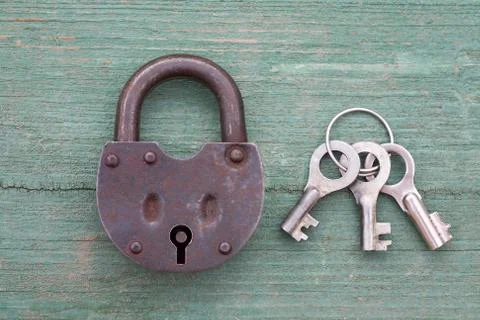 Old rusty padlock and key Stock Photos