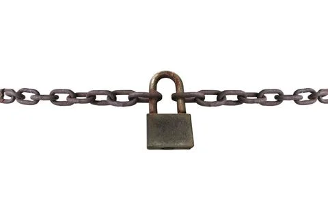 An old rusty padlock closed on a massive chain on white background Stock Photos