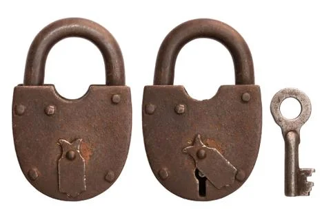 Old rusty padlock isolated on white background. Stock Photos