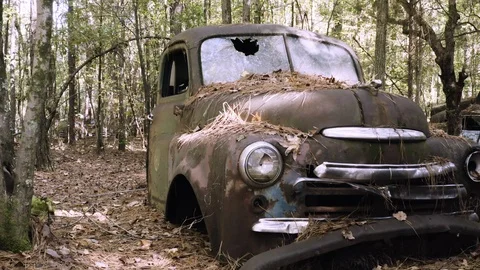 Old Rusty Pickup Abandoned, Forgotten In Junkyard Broken Windshield Drone Shot Stock Footage 118715046